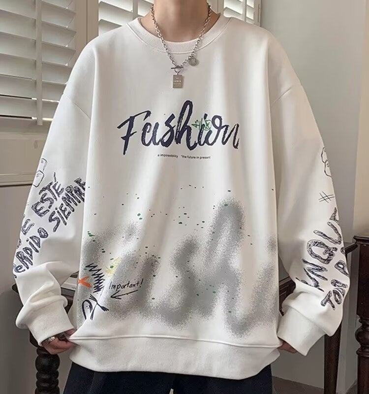 2024 Autumn and Winter Round Neck Long Sleeve Mens Jacket Youth Casual Loose Shoulder Plus Size Letter Printed Sweatshirt Black  - Image 2