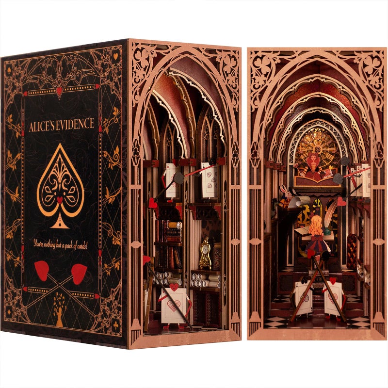 MiniCity DIY Book Nook Kit for Adults 3D Wooden Puzzle Bookend Bookshelf Insert Decor with LED Light and Dust Cover Alice in Wonderland