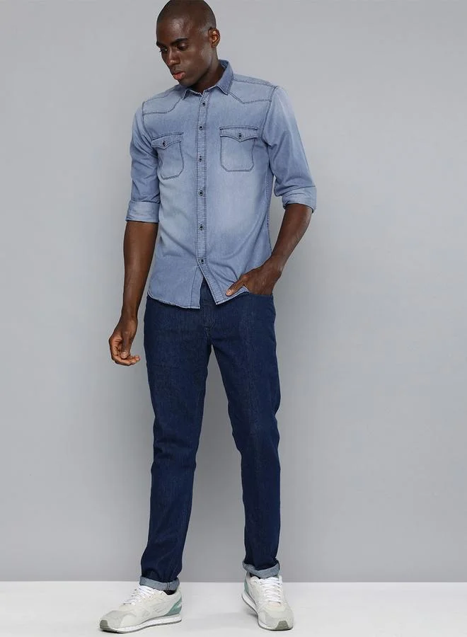 The Indian Garage Co Men Slim Fit Solid Denim Shirt