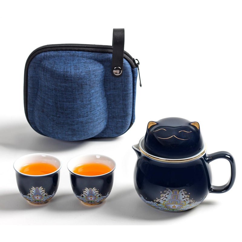 DEARART Tea Cup Portable Set with Strainer Infuser and Lid 108oz Tea Mug and 2Cups Wide Mouth Easy to Clean Keep Tea Hot Steeping Loose Leaf Tea Bag Personal Tea Cup Cute Cat Dark Blue