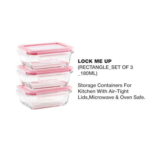 DUBBLIN Lock Me Up Glass Heat Resistant Borosilicate Glass Container Set of 3, 180ml - Rectangular, Clear | Oven, Freezer & Microwave Safe Storage Solution (3 Piece) - Image 2