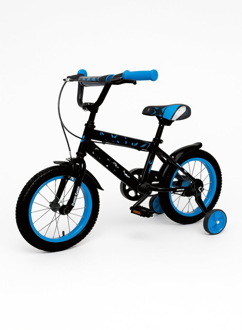 متجر 7 سيكل أطفال مقاس 14 إنش – دراجة هوائية رياضية لون أسود وأزرق مع عجلات مساندة – مناسبة للأولاد والبنات للتعلم واللعب - Image 1
