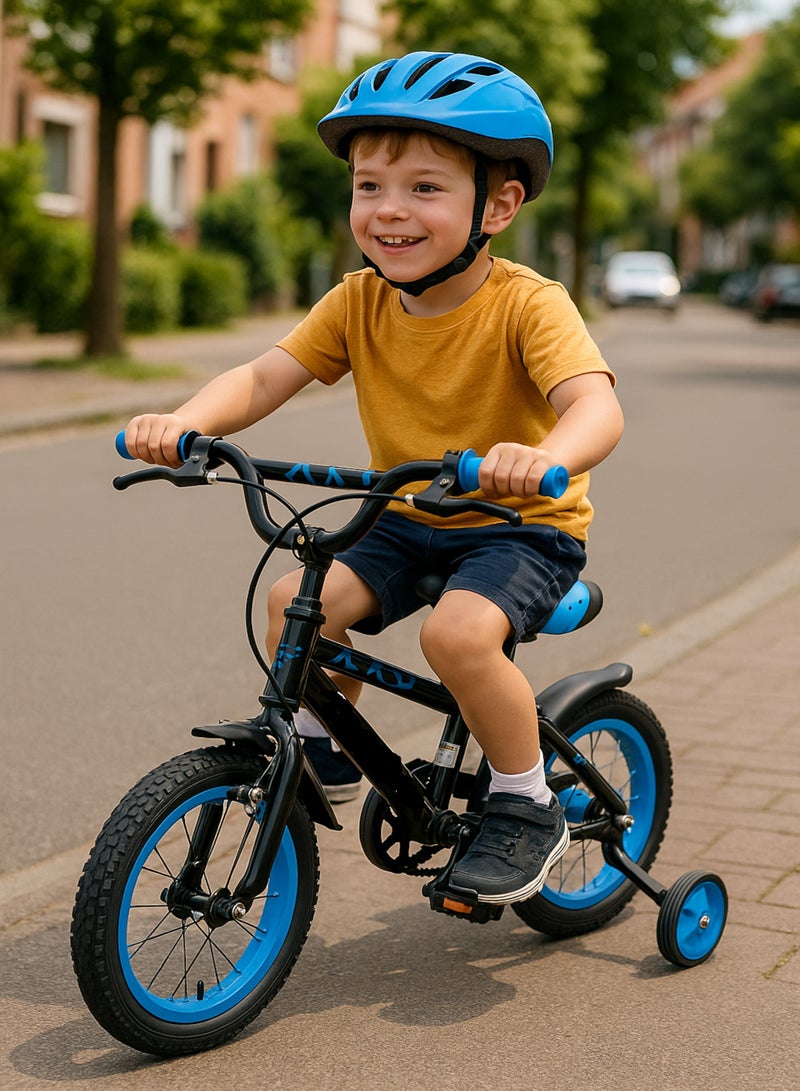 متجر 7 سيكل أطفال مقاس 14 إنش – دراجة هوائية رياضية لون أسود وأزرق مع عجلات مساندة – مناسبة للأولاد والبنات للتعلم واللعب - Image 2