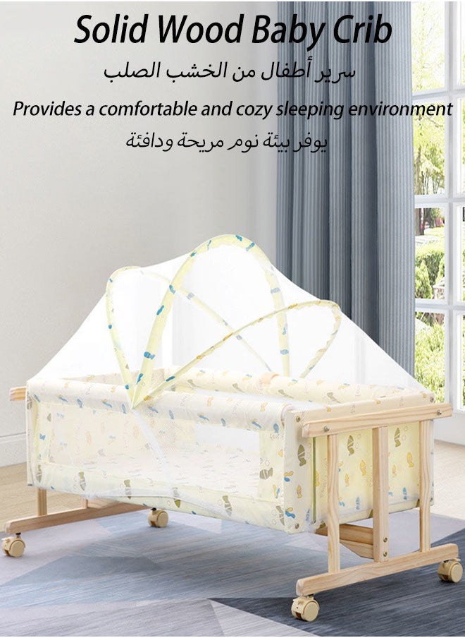 oldlaiben Baby Cribs, Solid Wood Cradles, Small Cradles, Portable Newborn Infant Baby Sleepe, I-Beam Cradles With Casters, Mosquito Net Not Included（Light Yellow）  - Image 4