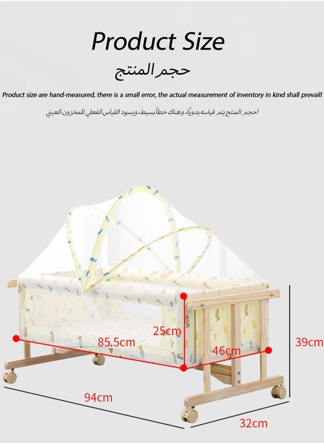 oldlaiben Baby Cribs, Solid Wood Cradles, Small Cradles, Portable Newborn Infant Baby Sleepe, I-Beam Cradles With Casters, Mosquito Net Not Included（Light Yellow）  - Image 2
