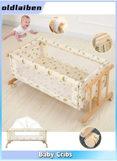 oldlaiben Baby Cribs, Solid Wood Cradles, Small Cradles, Portable Newborn Infant Baby Sleepe, I-Beam Cradles With Casters, Mosquito Net Not Included（Light Yellow）  - Image 1