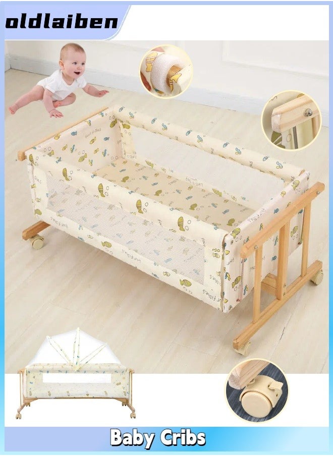 oldlaiben Baby Cribs, Solid Wood Cradles, Small Cradles, Portable Newborn Infant Baby Sleepe, I-Beam Cradles With Casters, Mosquito Net Not Included（Light Yellow）  - Image 1