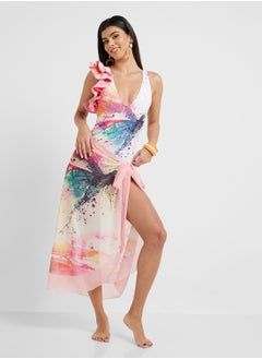 ELLA Printed One Shoulder Ruffled Swimsuit & Beach Sarong  - Image 1