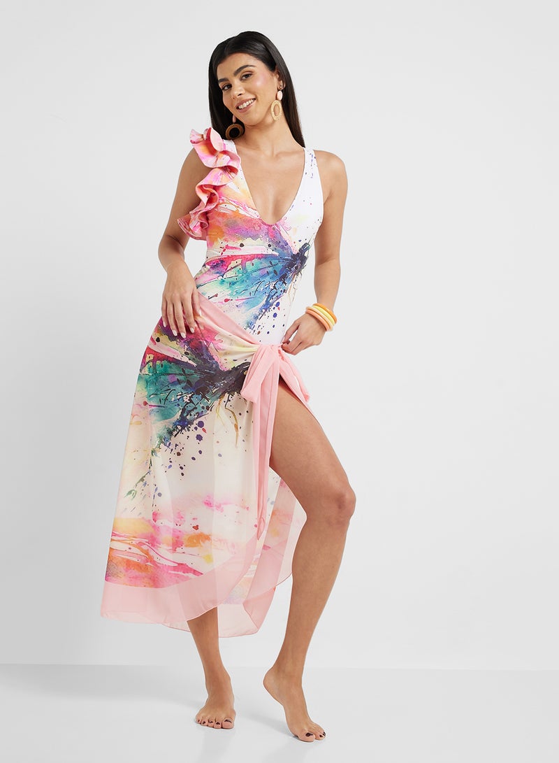 ايلا بدلة سباحة بطبعة كتف واحد وكشكشة مع سارونغ للشاطئ - Image 1