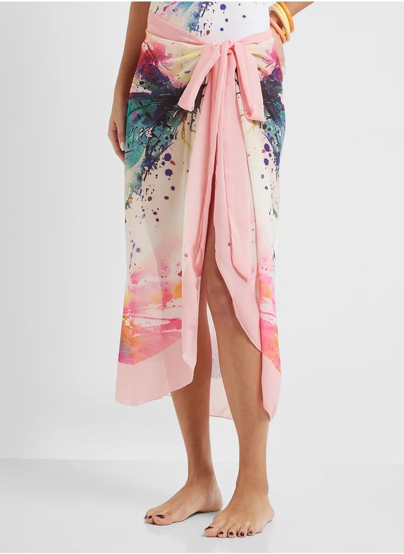 ELLA Printed One Shoulder Ruffled Swimsuit & Beach Sarong