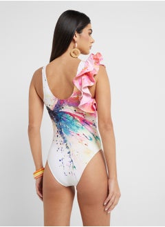 ELLA Printed One Shoulder Ruffled Swimsuit & Beach Sarong  - Image 2