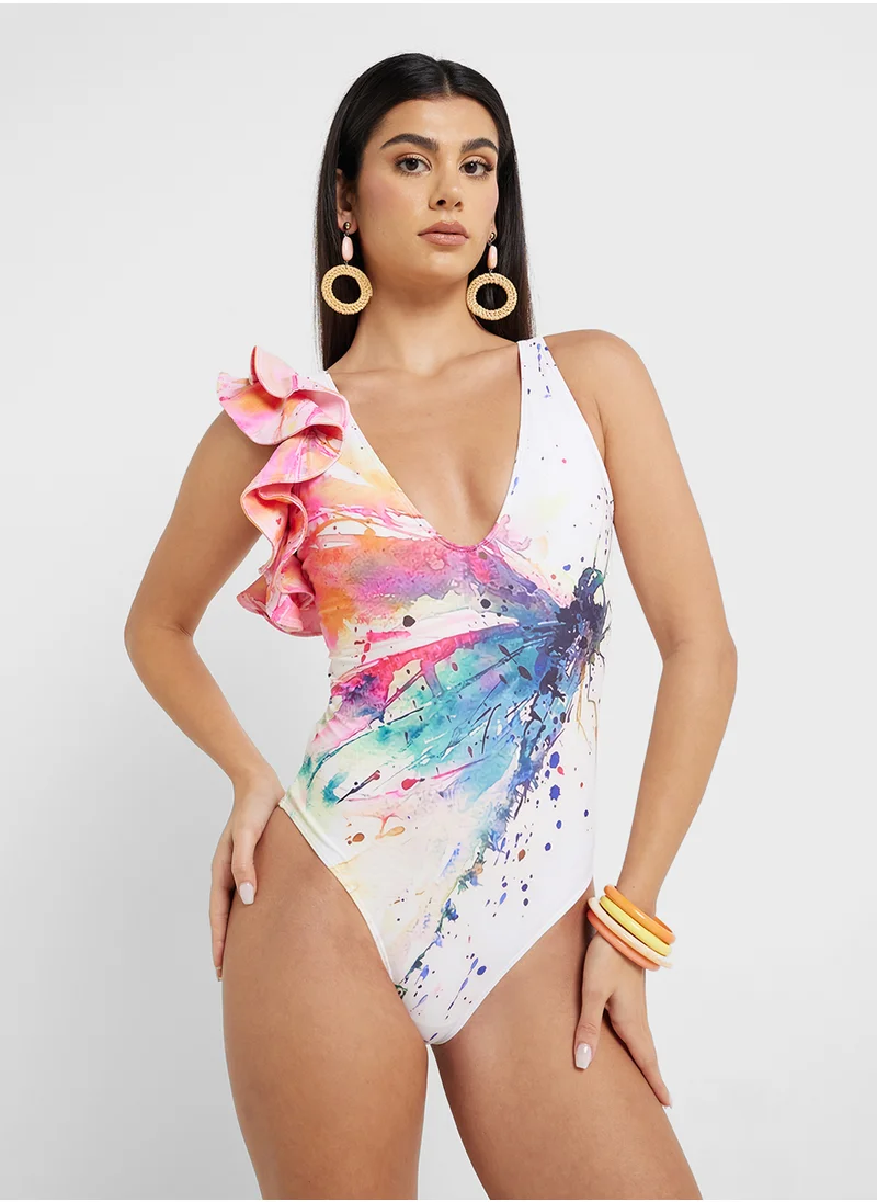ELLA Printed One Shoulder Ruffled Swimsuit & Beach Sarong