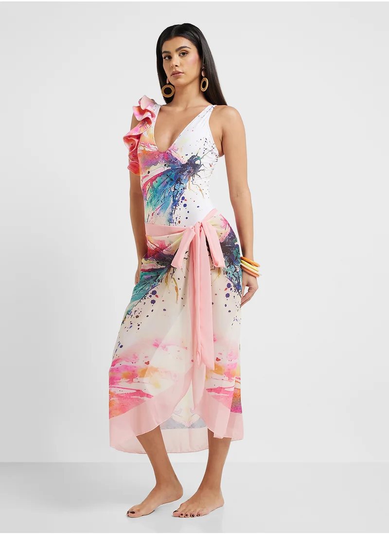 ELLA Printed One Shoulder Ruffled Swimsuit & Beach Sarong
