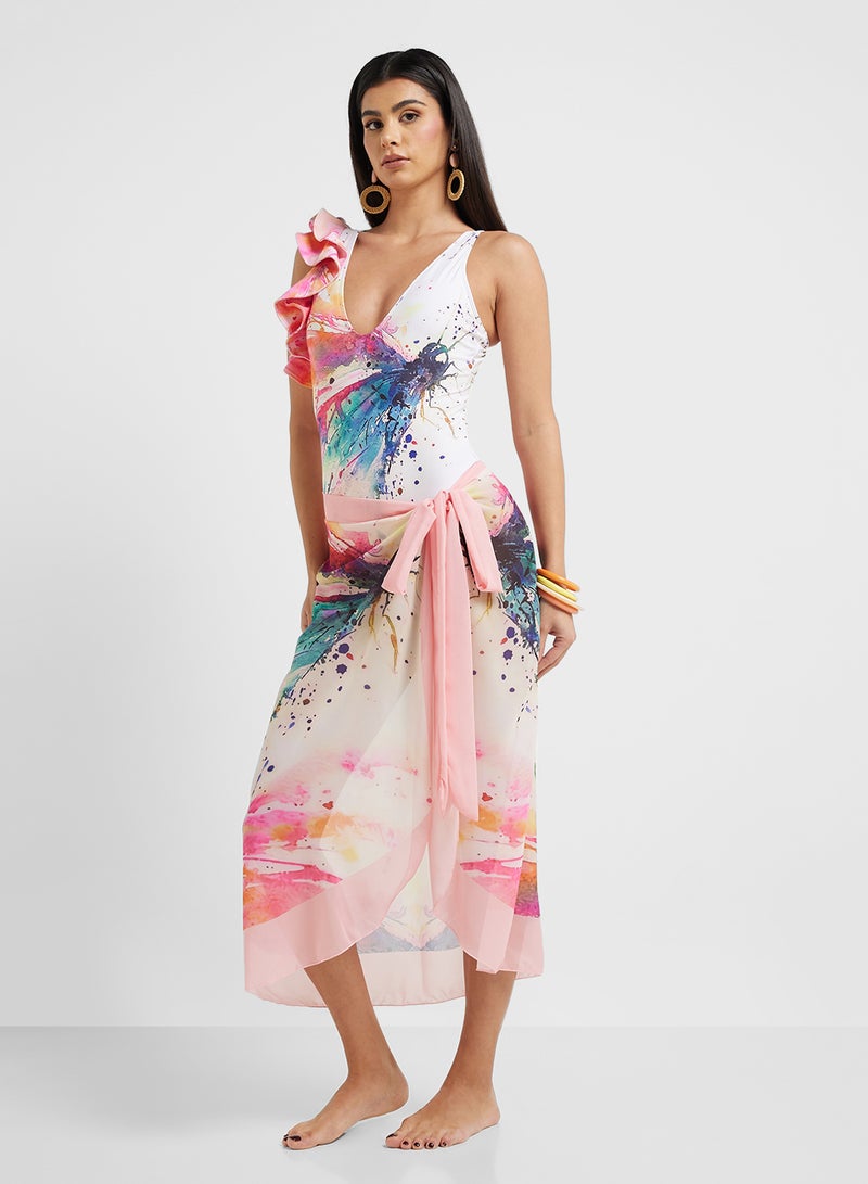 ايلا بدلة سباحة بطبعة كتف واحد وكشكشة مع سارونغ للشاطئ - Image 5