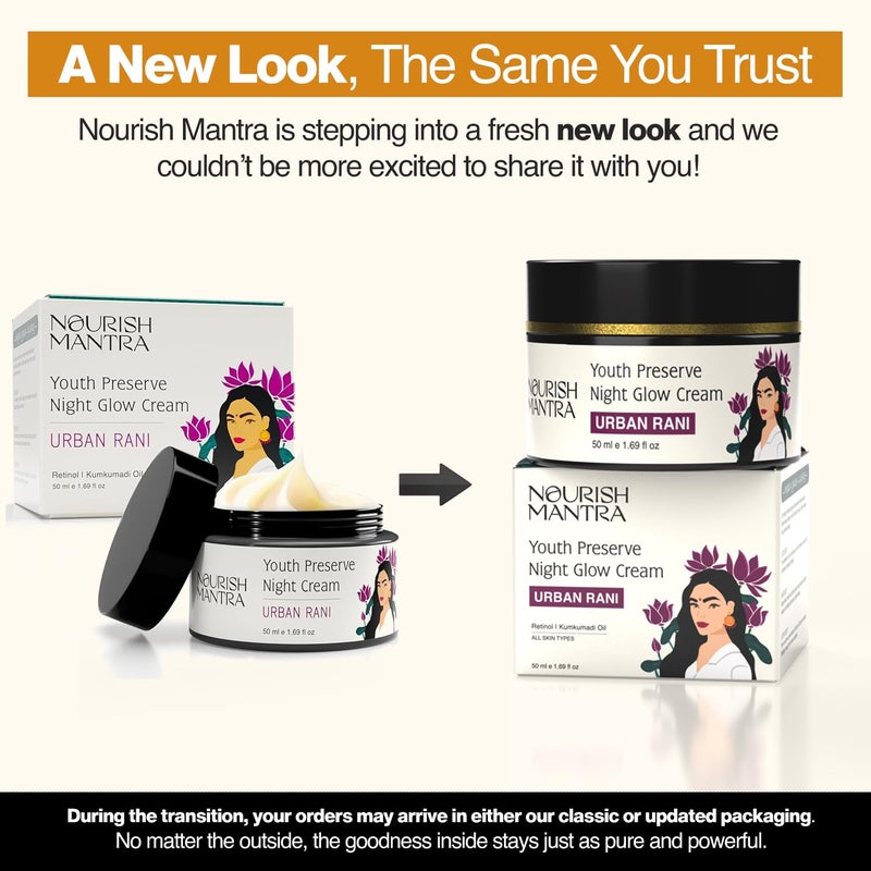 Nourish Mantra Urban Youth Preserve Night Glow Cream/With Retinol, Hyaluronic Acid, CICA, and Ashwagandha Extracts/Hydrates, Repairs Skin & Addresses signs of aging/All Skin Types/ 50ml - Image 2