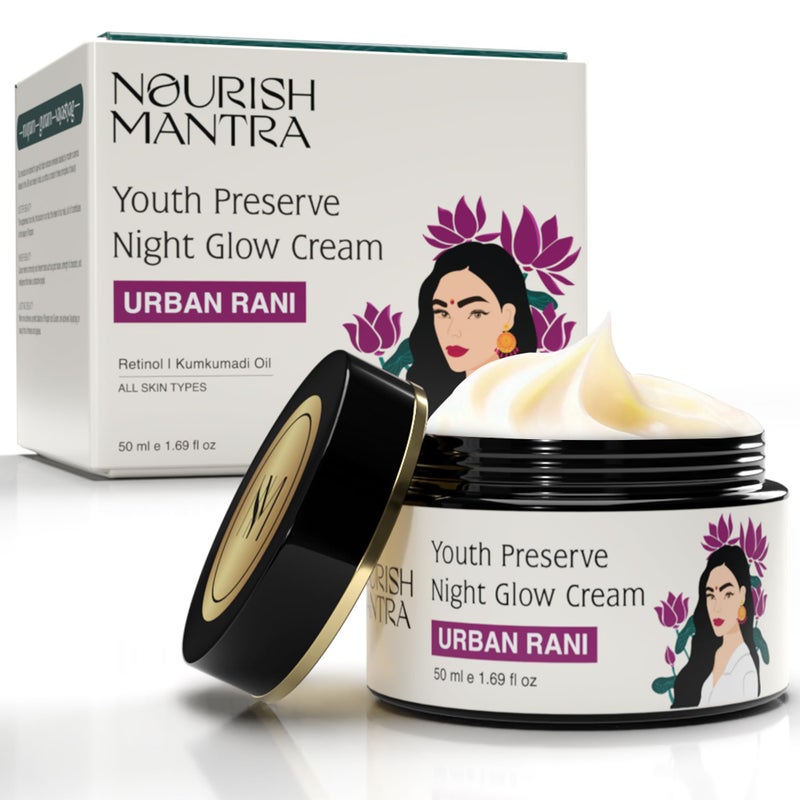 Nourish Mantra Urban Youth Preserve Night Glow Cream/With Retinol, Hyaluronic Acid, CICA, and Ashwagandha Extracts/Hydrates, Repairs Skin & Addresses signs of aging/All Skin Types/ 50ml - Image 1