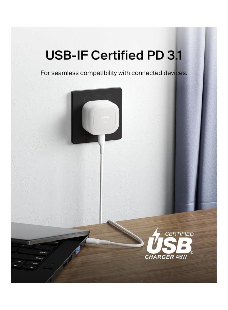 بيلكين شاحن حائط مدمج 45 واط + كابل USB-C إلى USB-C، شحن سريع لأجهزة آبل آيفون 16، 15، 14، بلس، برو، برو ماكس، سامسونج جالاكسي S25، S24، بيكسل 9، آيباد، آيربودز، وأكثر - - Image 5
