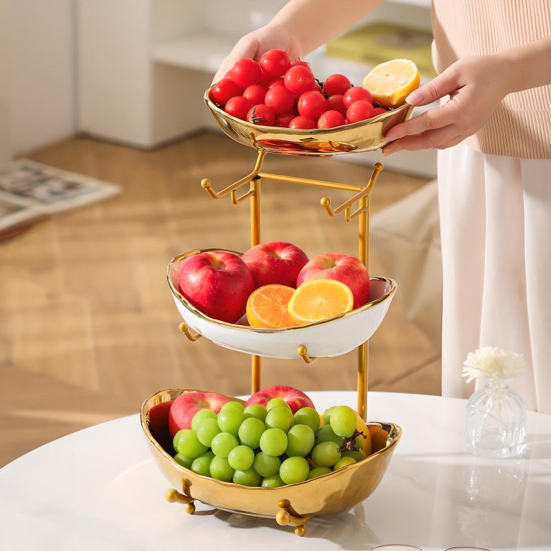 XUDREZ 3 Tier Fruit Bowl for Kitchen Counter with Metal Stand, Ceramic White Gold, Tiered Fruit Basket for Nuts, Snacks, Bread, Candy Storage (Gold) - Image 3