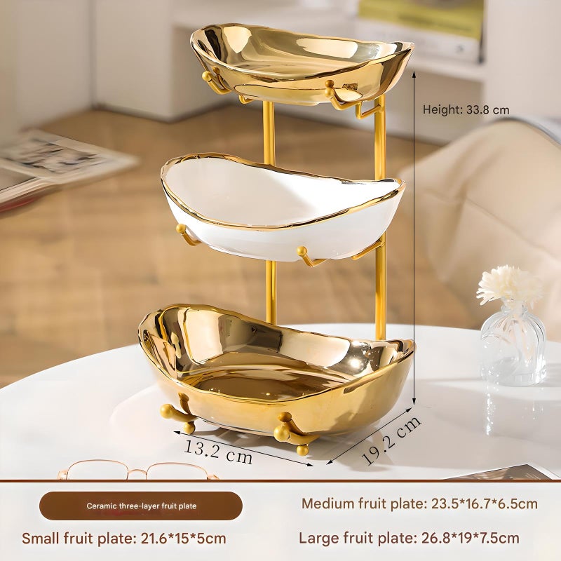 XUDREZ 3 Tier Fruit Bowl for Kitchen Counter with Metal Stand, Ceramic White Gold, Tiered Fruit Basket for Nuts, Snacks, Bread, Candy Storage (Gold) - Image 2