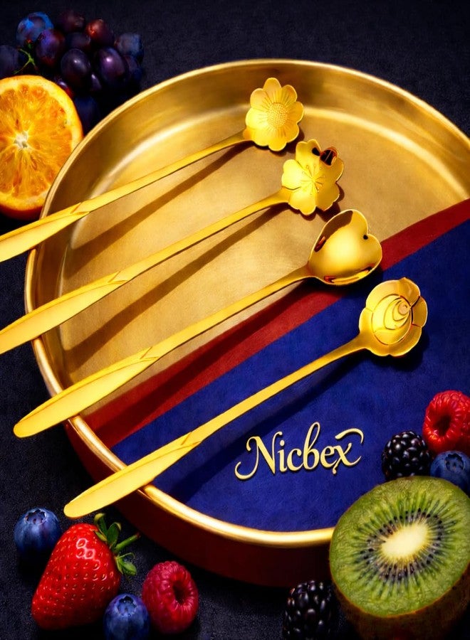 NicBex مجموعة ملاعق حلويات ذهبية أنيقة من نيكبكس، 4 قطع | مصنوعة من الفولاذ المقاوم للصدأ عالي الجودة | ملاعق قهوة وشاي مزخرفة | مقاومة للصدأ | مثالية للمنزل والمقهى ولتقديمها كهدية (عبوة واحدة [4 ملاعق]) - Image 1