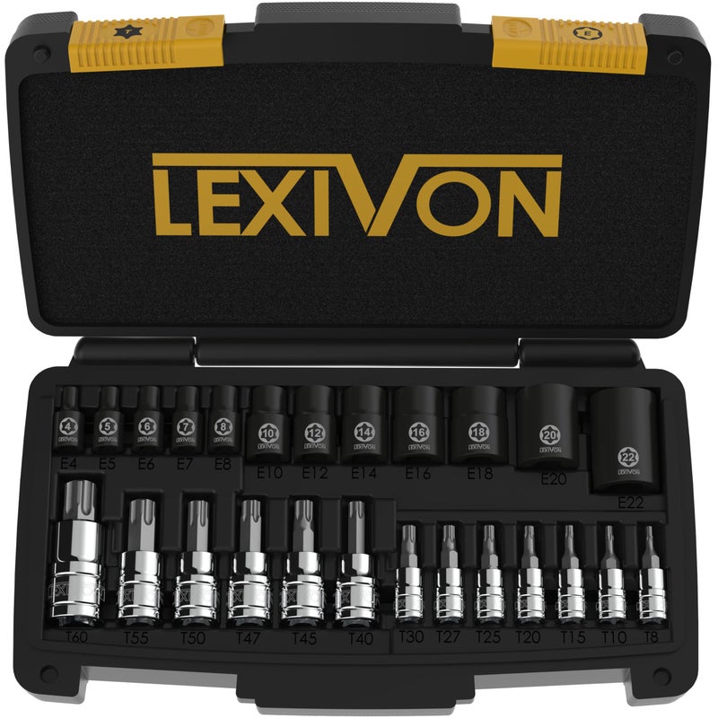 LEXIVON Master Torx Bit and Socket Set Premium S2 Alloy CrV Steel 25Piece Bit Socket T8T60 ETorx E4E22 HeavyDuty Storage Case LX148 - Image 2