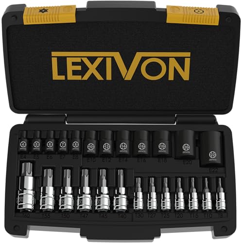 LEXIVON Master Torx Bit and Socket Set Premium S2 Alloy CrV Steel 25Piece Bit Socket T8T60 ETorx E4E22 HeavyDuty Storage Case LX148 - Image 1