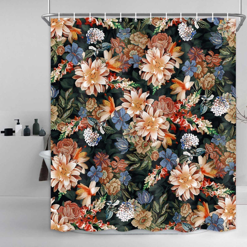 Drgilau Floral Shower Curtain  Vintage Floral Shower Curtain Set Blue Flower Plants Bathroom Curtain  Boho Floral Shower Curtain Set with Hooks for Bathroom Decor 72X72 Inch - Image 2