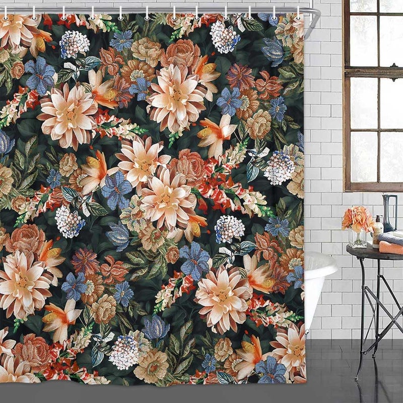Drgilau Floral Shower Curtain  Vintage Floral Shower Curtain Set Blue Flower Plants Bathroom Curtain  Boho Floral Shower Curtain Set with Hooks for Bathroom Decor 72X72 Inch - Image 1