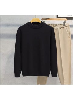 Mens Autumn Winter Fashionable Simple Round Neck Knitted Top Sweater Elastic Comfortable Soft Color Versatile Sleeve Sweatshirt Black
