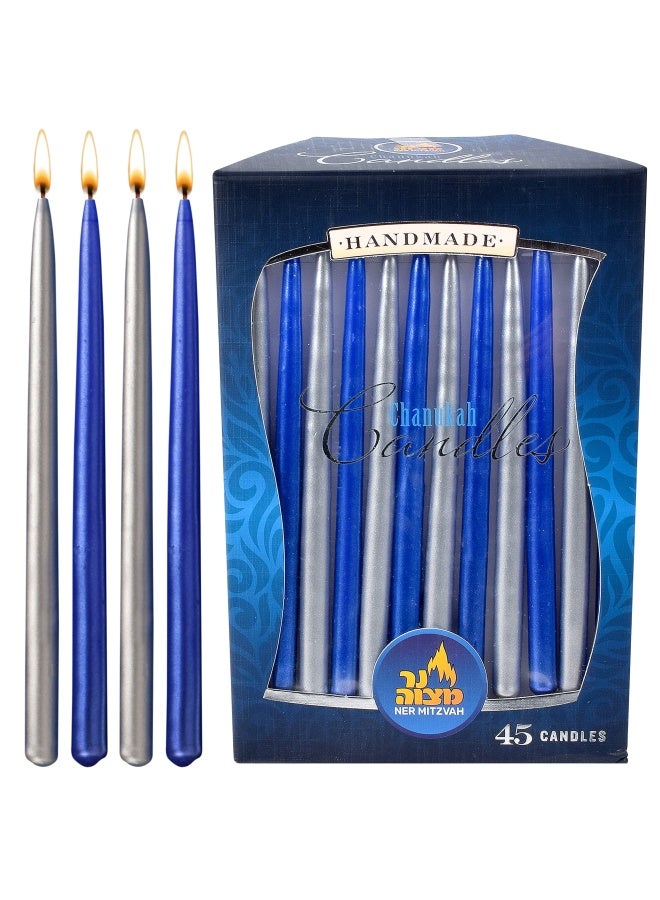 Ner Mitzvah Hanukkah Candles - Metallic Blue and Silver Dripless Chanukah Candle - Premium Quality Wax - 45pk. for All 8 Nights of Hanukkah - Image 1