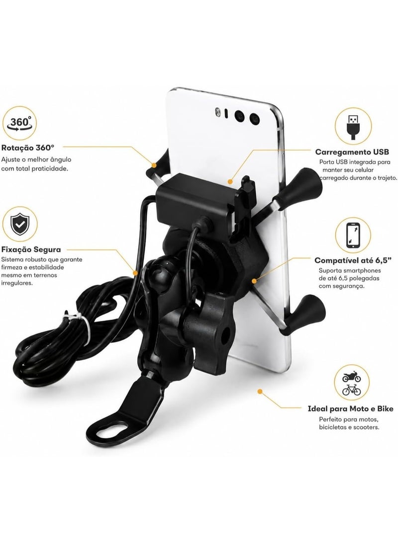 حامل هاتف للدراجات النارية مع شاحن USB-C، دوران 360 درجة، للهواتف 4-6.5 بوصة، يثبت على المقود - Image 1