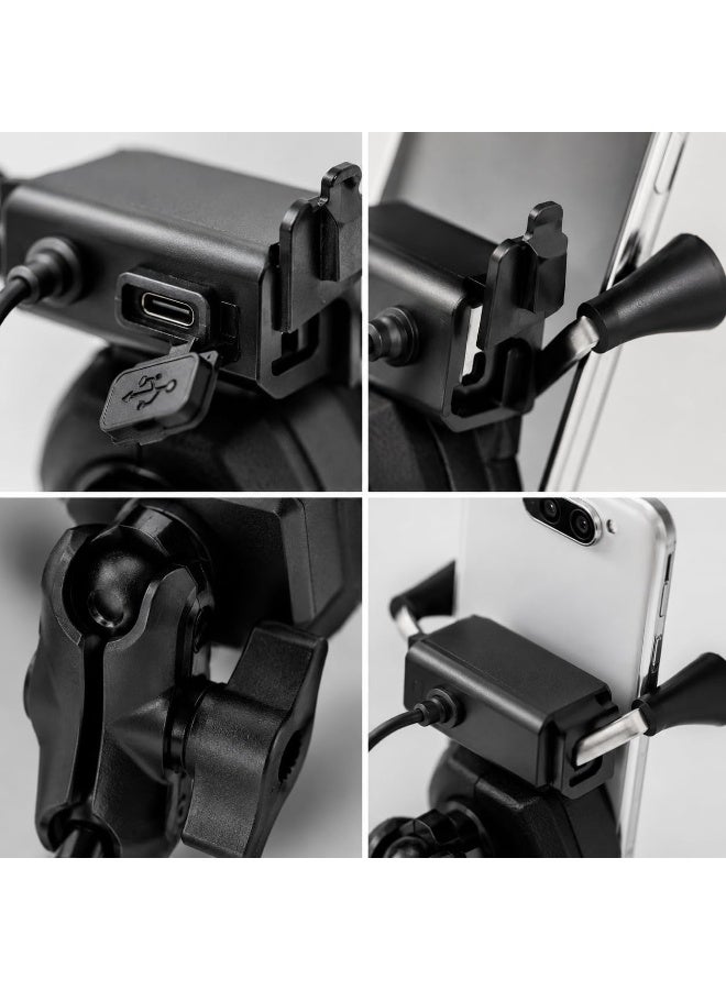 حامل هاتف للدراجات النارية مع شاحن USB-C، دوران 360 درجة، للهواتف 4-6.5 بوصة، يثبت على المقود - Image 4
