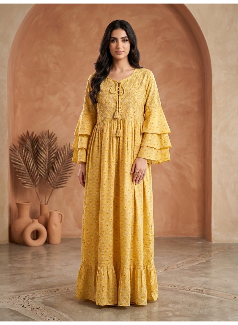 Alaya Women Floral Printed Rayon Jalabiya with Lace-Up Neckline-AL4006 - Image 1