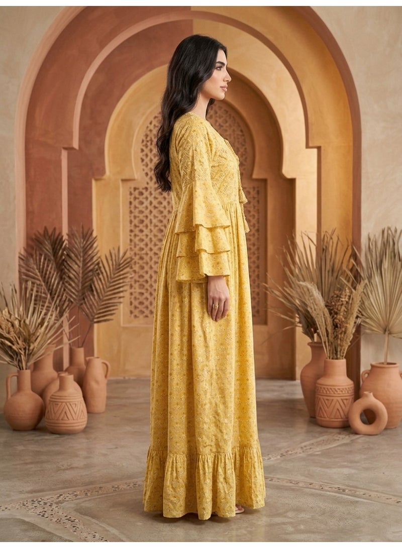Alaya Women Floral Printed Rayon Jalabiya with Lace-Up Neckline-AL4006 - Image 3