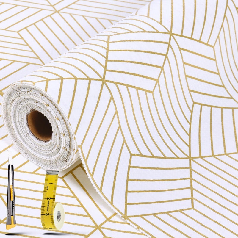 Kimhan Shelf Liners for Kitchen Cabinets 12in x 20FT, Non Adhesive Cabinet Liner Strong Non-Slip Thickened Gold Geometric Drawer Liner, Easy to Clean for Shelf, Cabinet with Knife and Tape Measure - Image 1