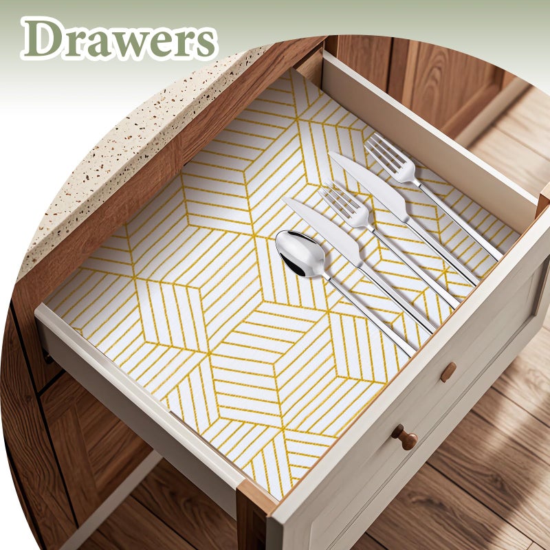 Kimhan Shelf Liners for Kitchen Cabinets 12in x 20FT, Non Adhesive Cabinet Liner Strong Non-Slip Thickened Gold Geometric Drawer Liner, Easy to Clean for Shelf, Cabinet with Knife and Tape Measure - Image 5