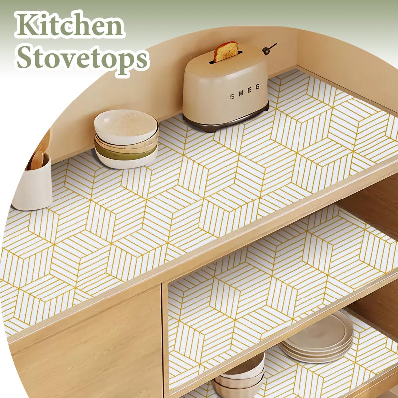 Kimhan Shelf Liners for Kitchen Cabinets 12in x 20FT, Non Adhesive Cabinet Liner Strong Non-Slip Thickened Gold Geometric Drawer Liner, Easy to Clean for Shelf, Cabinet with Knife and Tape Measure - Image 3