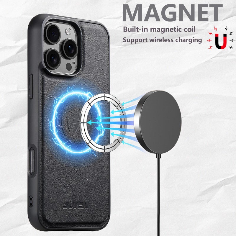 Suteni For Iphone 15 Pro Max G5 Litchi Leather Magnetic Magsafe Phone Case(Black) - Image 4