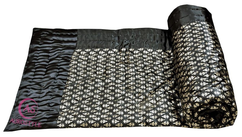AUROSTYLE Rajasthani Cotton Filled Light Weight Silk Soft Jaipuri AC Quilt Dohar Over All Floral Print Design with Gold Print Quilts Blankets for Home 85x100 InchBlack Butti Print Double Bed - Image 3