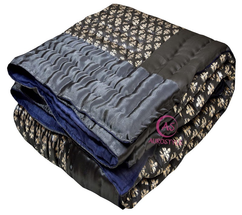 AUROSTYLE Rajasthani Cotton Filled Light Weight Silk Soft Jaipuri AC Quilt Dohar Over All Floral Print Design with Gold Print Quilts Blankets for Home 85x100 InchBlack Butti Print Double Bed - Image 1