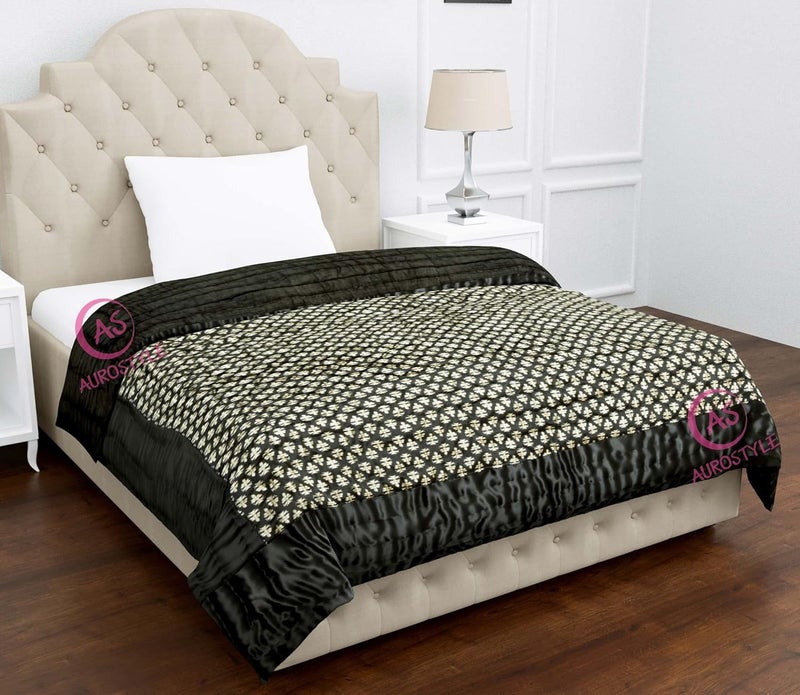 AUROSTYLE Rajasthani Cotton Filled Light Weight Silk Soft Jaipuri AC Quilt Dohar Over All Floral Print Design with Gold Print Quilts Blankets for Home 85x100 InchBlack Butti Print Double Bed - Image 4