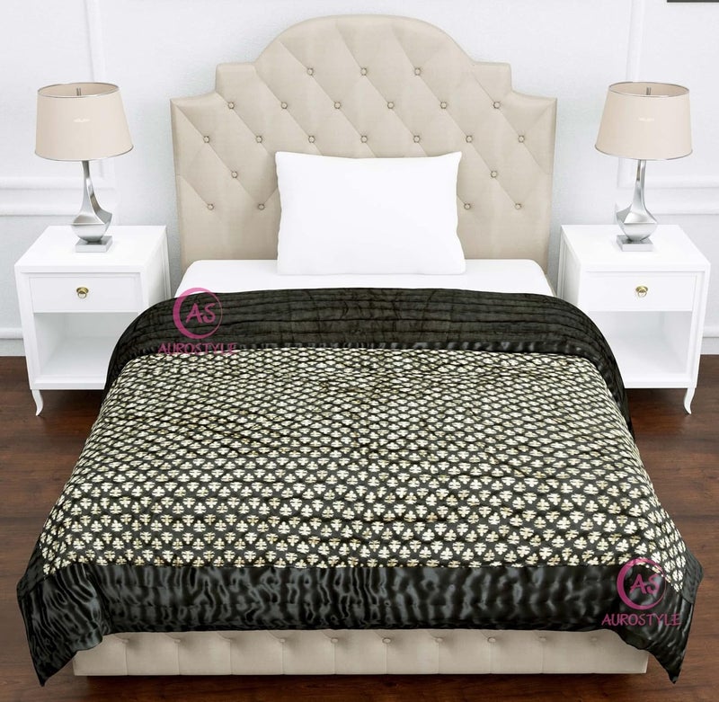 AUROSTYLE Rajasthani Cotton Filled Light Weight Silk Soft Jaipuri AC Quilt Dohar Over All Floral Print Design with Gold Print Quilts Blankets for Home 85x100 InchBlack Butti Print Double Bed - Image 2