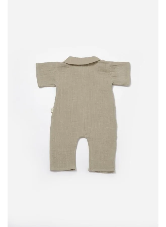Magu Baby Boy Cotton Khaki Muslin Romper with Pockets - Lamb Embroidery Detail