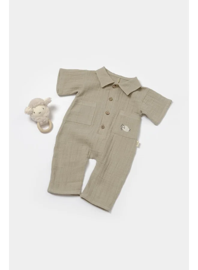 Magu Baby Boy Cotton Khaki Muslin Romper with Pockets - Lamb Embroidery Detail