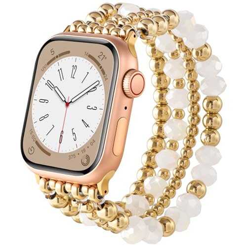 AIRSPO Gold Beaded Bracelets Compatible for Apple Watch Band 38mm 40mm 41mm 42mm 44mm 45mm Women, Fashion Handmade Dressy iPhone Watch Bands Elastic Strap for iWatch Series SE 8 7 6 5 4 3 2 1 (White Beads, 38mm/40mm/41mm-S(5.3"-6.2")) - Image 1