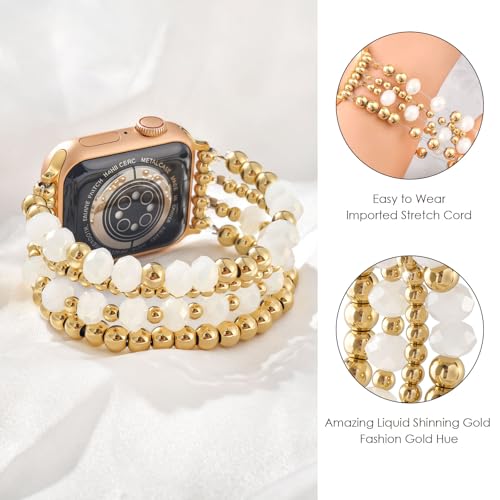 AIRSPO Gold Beaded Bracelets Compatible for Apple Watch Band 38mm 40mm 41mm 42mm 44mm 45mm Women, Fashion Handmade Dressy iPhone Watch Bands Elastic Strap for iWatch Series SE 8 7 6 5 4 3 2 1 (White Beads, 38mm/40mm/41mm-S(5.3"-6.2")) - Image 2