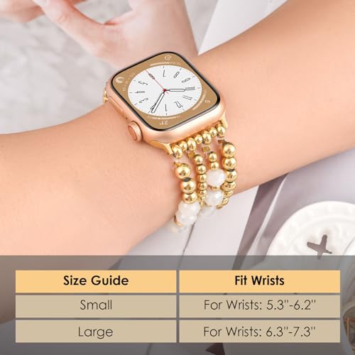 AIRSPO Gold Beaded Bracelets Compatible for Apple Watch Band 38mm 40mm 41mm 42mm 44mm 45mm Women, Fashion Handmade Dressy iPhone Watch Bands Elastic Strap for iWatch Series SE 8 7 6 5 4 3 2 1 (White Beads, 38mm/40mm/41mm-S(5.3"-6.2")) - Image 3
