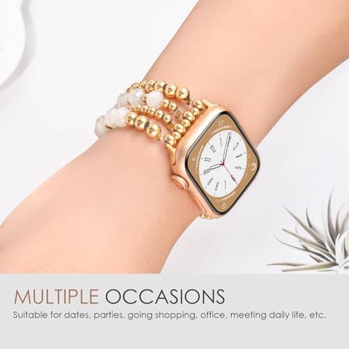AIRSPO Gold Beaded Bracelets Compatible for Apple Watch Band 38mm 40mm 41mm 42mm 44mm 45mm Women, Fashion Handmade Dressy iPhone Watch Bands Elastic Strap for iWatch Series SE 8 7 6 5 4 3 2 1 (White Beads, 38mm/40mm/41mm-S(5.3"-6.2")) - Image 4