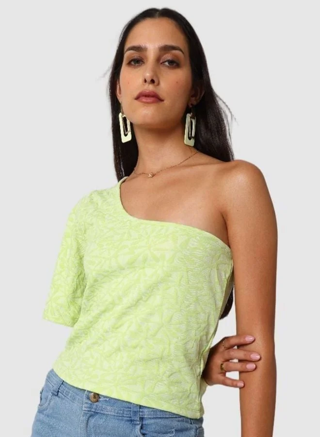 Women Regular Fit Textured Asymmetric Neck Sleeveless One Shoulder Top