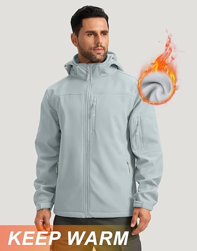 Pudolla Men's Softshell Jacket Fleece Lined Water Resistant Hooded Winter Coats for Men Outdoor Work Hiking with Pockets(Light Grey Small) - Image 3